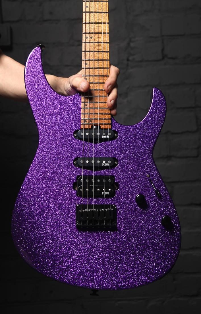 Purple sparkle Lepsky electric guitar with black hardware