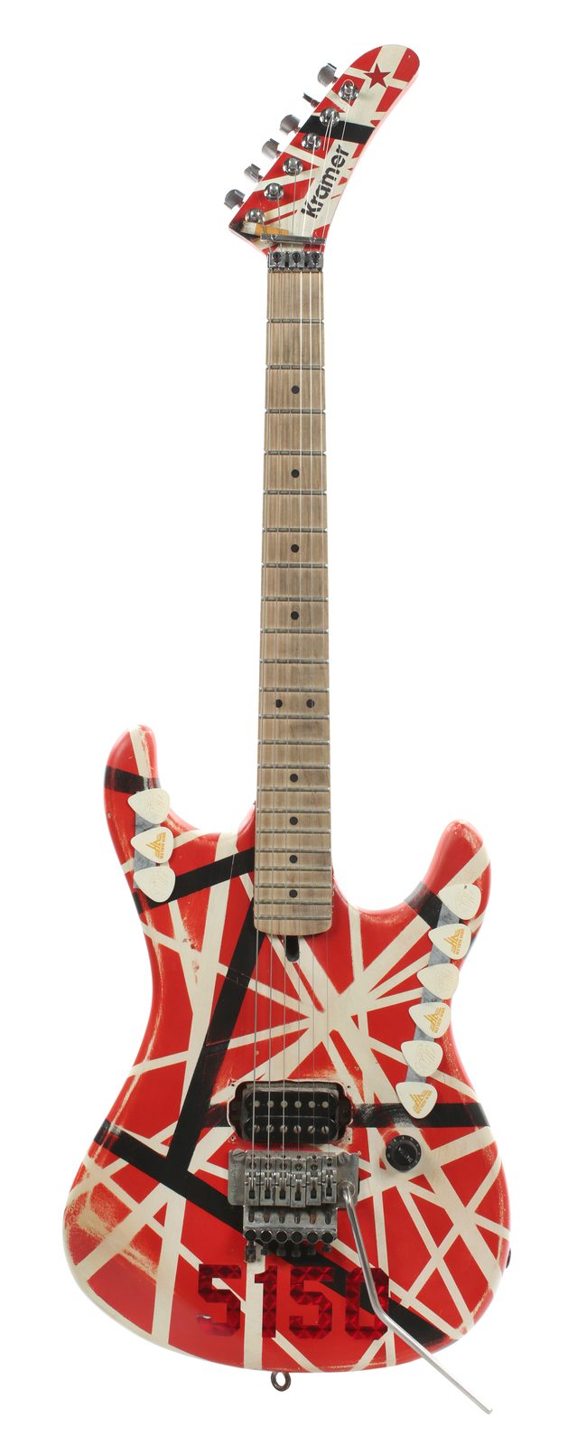 Full front view of a red, white and black striped 1986 Kramer guitar with a maple fingerboard, single humbucker, Floyd Rose tremolo and 5150 lettering on the lower body