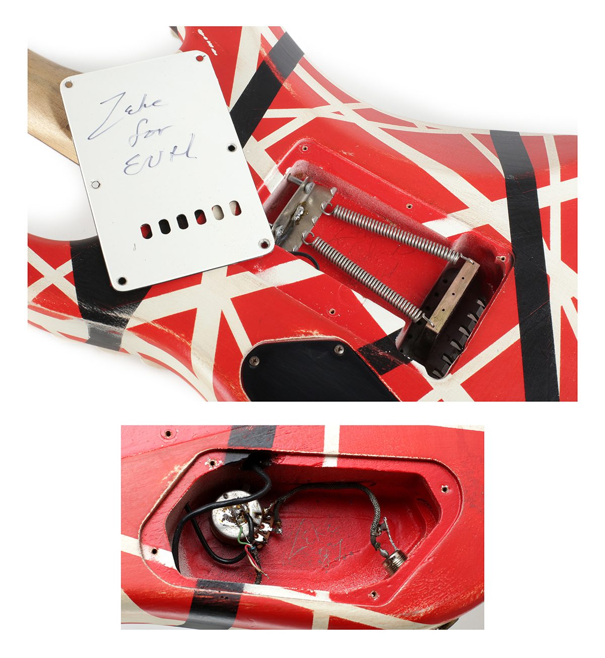 The rear cavity cover of the Kramer, removed and inscribed in ballpoint pen with the words Zeke for EVH, above a detail of the control cavity with a signature scratched into the paint inside