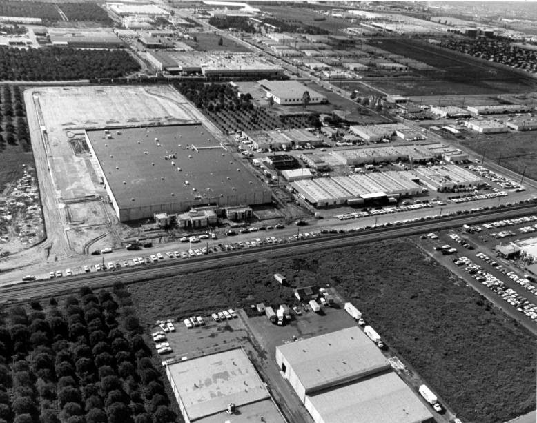 Black and white aerial photograph of the Fender factory complex in Fullerton, California