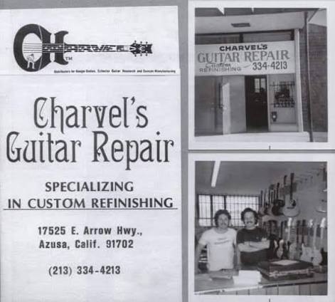 A Charvel's Guitar Repair advert showing the logo, the Azusa shopfront and two men at the workbench inside