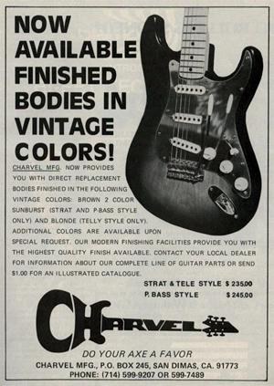 A period Charvel MFG advertisement offering finished replacement bodies in vintage colours, with a San Dimas address