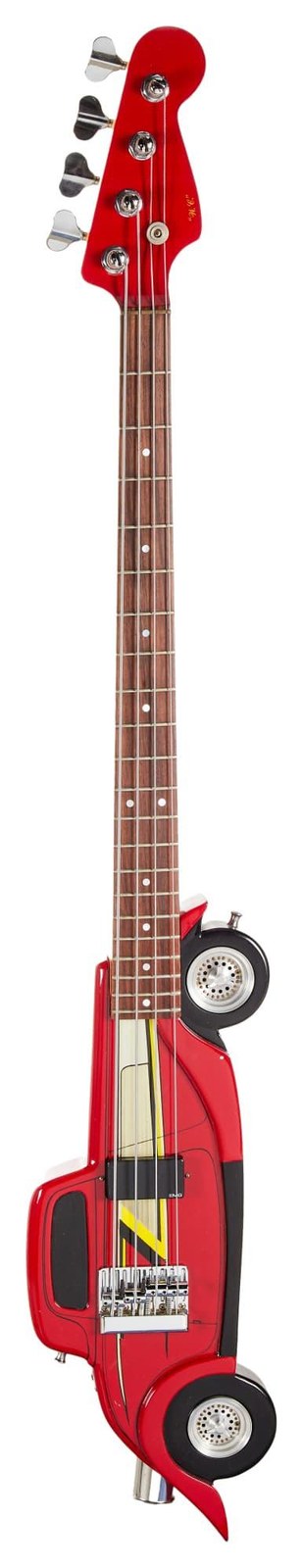 Dusty Hill's Eliminator Hot Rod bass, built as a red 1933 Ford coupe with wheels as control knobs and a tailpipe below the body