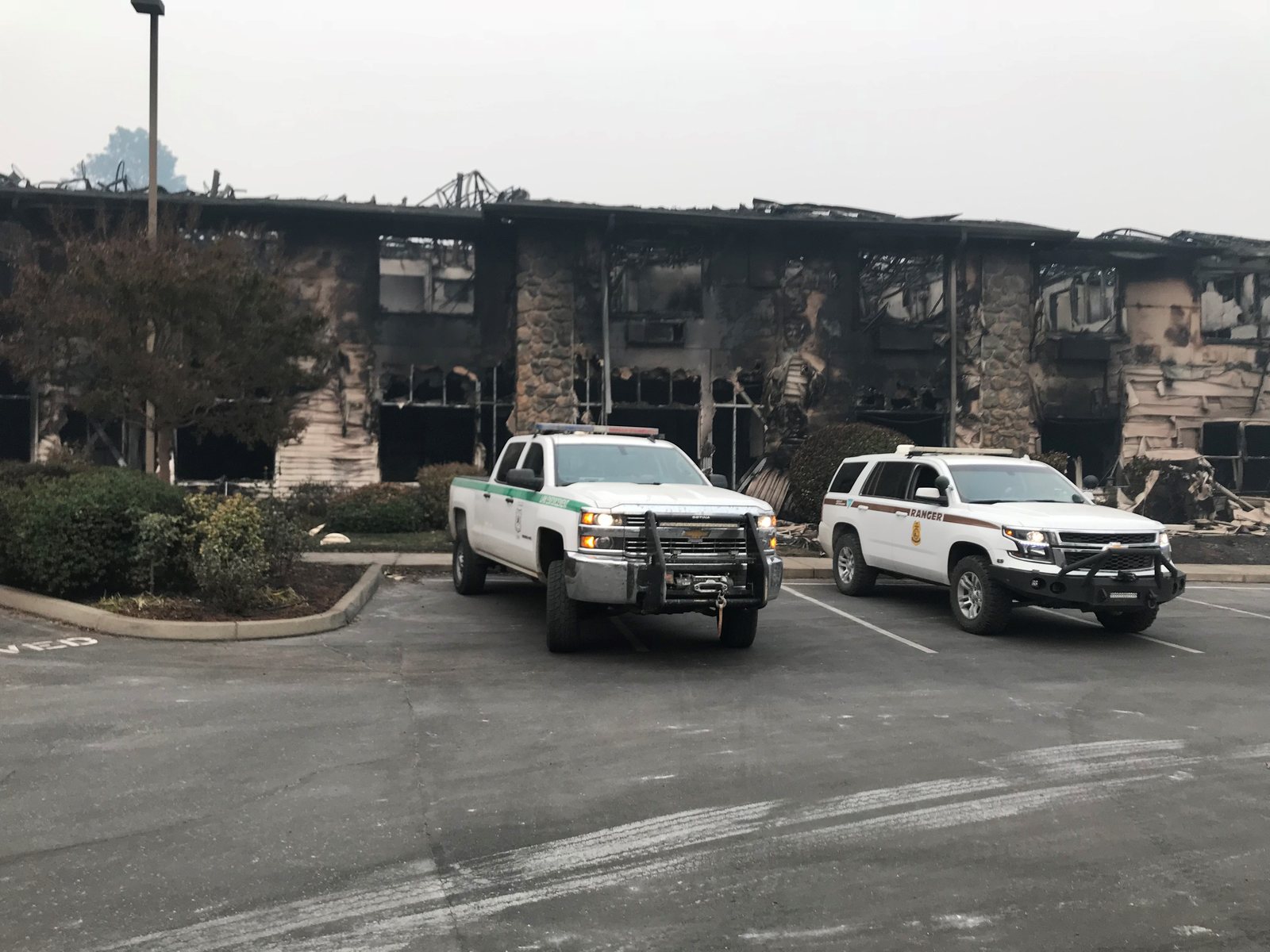 A burned-out building in Paradise, California after the 2018 Camp Fire